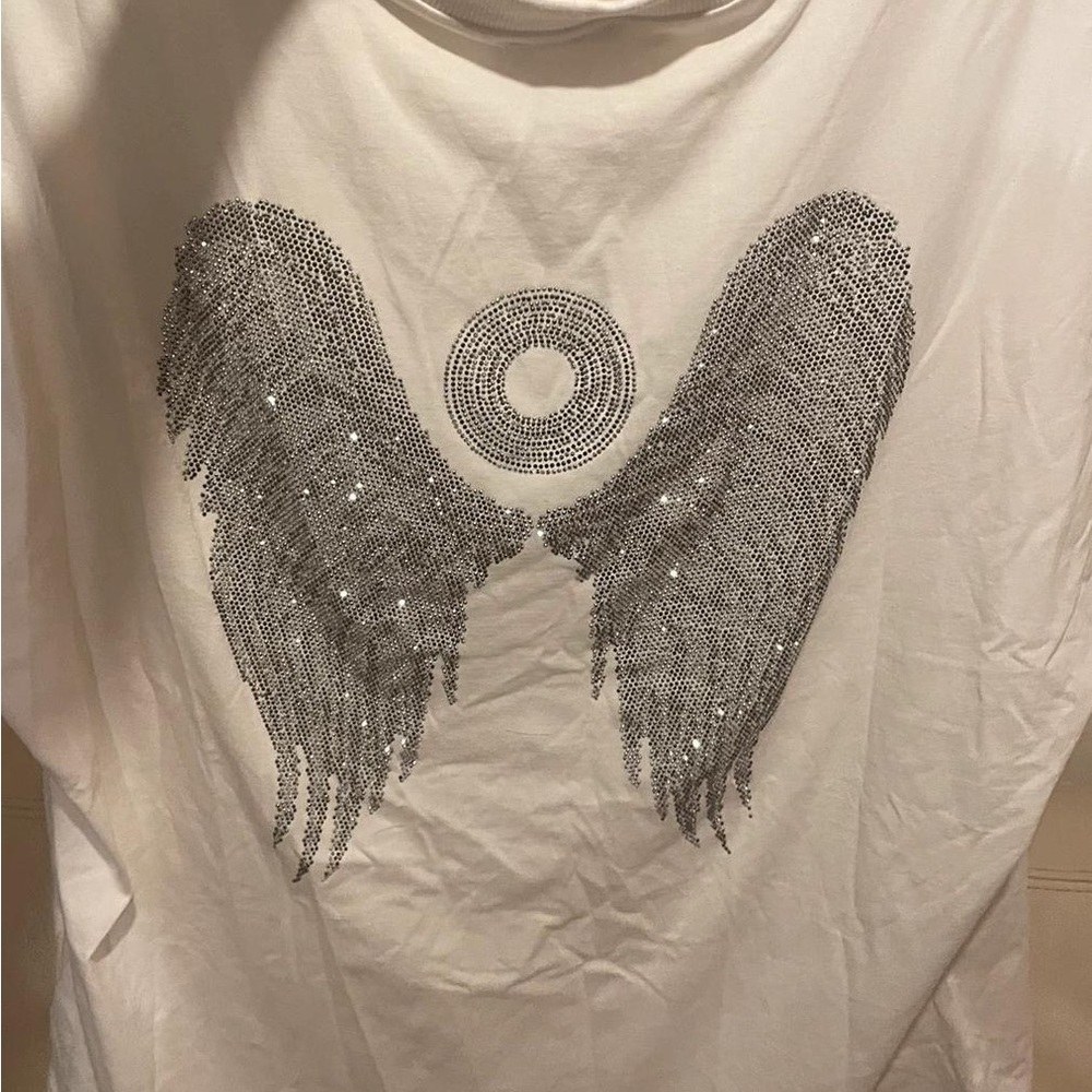 White T-Shirt with Silver Wing Design
